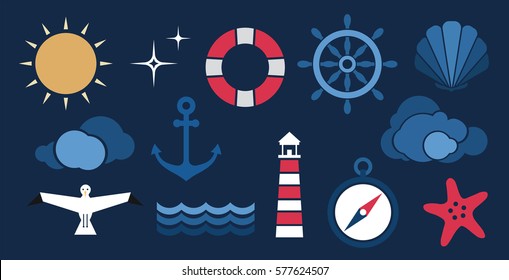 Vector flat sea design background. Cute template with seashell, seagull bird, lighthouse, lifebuoy, starfish, anchor and ocean waves.
