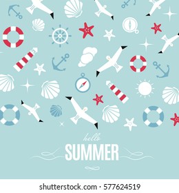 Vector flat sea design background with text. Cute template with seashell, seagull bird, lighthouse, lifebuoy, starfish, anchor and ocean waves.