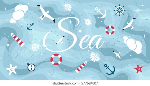 Vector flat sea design background with text. Cute template with seashell, seagull bird, lighthouse, lifebuoy, starfish, anchor and ocean waves.