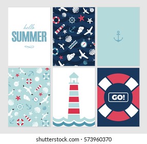 Vector flat sea design card set with text. Cute template with seashell, seagull bird, lighthouse, lifebuoy, starfish, anchor and ocean waves.