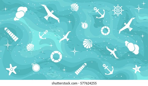 Vector flat sea design color background. Cute template with seashell, seagull bird, lighthouse, lifebuoy, starfish, anchor and ocean waves.