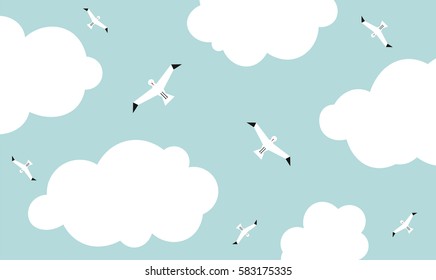 Vector flat sea panoramic pattern background. Cute template with seagull birds and clouds