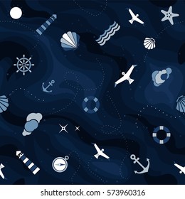 Vector flat sea seamless pattern background. Cute template with seashell, seagull bird, lighthouse, lifebuoy, starfish, anchor and ocean waves.