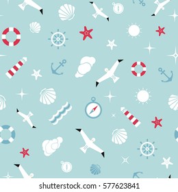 Vector flat sea seamless pattern background. Cute template with seashell, seagull bird, lighthouse, lifebuoy, starfish, anchor and ocean waves.