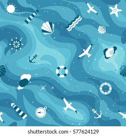 Vector flat sea seamless pattern background. Cute template with seashell, seagull bird, lighthouse, lifebuoy, starfish, anchor and ocean waves.