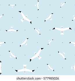 Vector flat sea seamless pattern background. Cute template with seagull birds