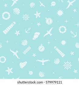 Vector flat sea seamless pattern background. Cute template with seashell, seagull bird, lighthouse, lifebuoy, starfish, anchor and ocean waves.