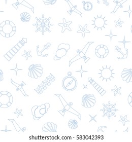 Vector flat sea seamless pattern background. Cute template with seashell, seagull bird, lighthouse, lifebuoy, starfish, anchor and ocean waves.