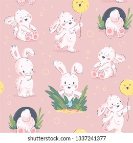 Vector flat seamless background with easter little baby bunny character & hand drawn decorative elements isolated on pastel pink background. For card, invitation, packaging design, nursery, print etc.