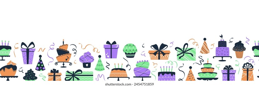 Borde plano sin costuras de Vector con cajas de regalo, pasteles, globos y cupcakes