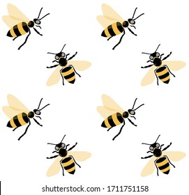 Vector flat seamless colored pattern with different isolated bees on white background
