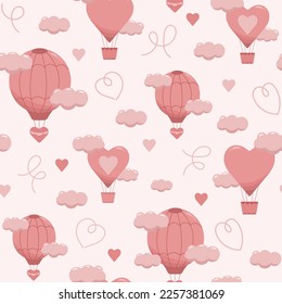  Vector flat seamless pattern of air balloons in pastel pink colors with hearts and clouds. Romantic cute baby print. Little princess design. Pink wallpaper for baby girl