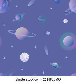 Vector flat seamless pattern background with space. Cute color template with planets. Drawings for a card, poster, printing on fabric or postcard 