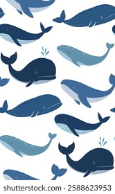 Vector flat seamless pattern with blue hand drawn whales on white background. Background with fish in childish style for wallpaper and fabric