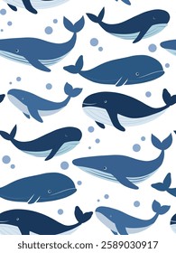 Vector flat seamless pattern with blue hand drawn whales with bubbles on white background. Background with fish in childish style for wallpaper and fabric