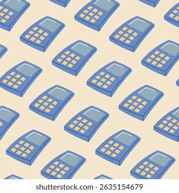Vector flat seamless pattern with blue calculator with buttons and display. Ideal for school, math, finance, accounting, and educational themed graphic projects