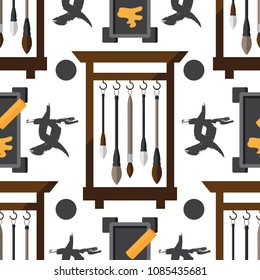 Vector flat seamless pattern with chinese brush stand, japanese brushes and hieroglyph woman on white background. Calligraphic illustration design