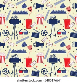 Vector flat seamless pattern with cinema attributes. Movie background