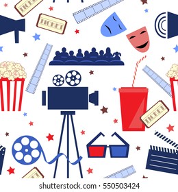 Vector flat seamless pattern with cinema attributes. Movie background