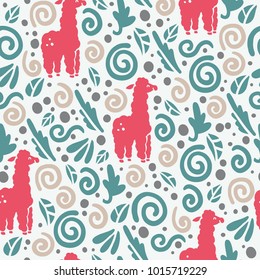 Vector flat seamless pattern with cute funny hand drawn lama animals silhouette and floral ornament isolated on white background. Perfect for packaging design, prints, banners etc.