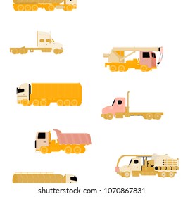 Vector flat seamless pattern with different trucks yellow color