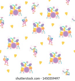 Vector flat seamless pattern with doodle musicians. Endless print with hand drawn  music band plays their instruments. Bright color trendy design for print, textile, postcard, music festivals, musical