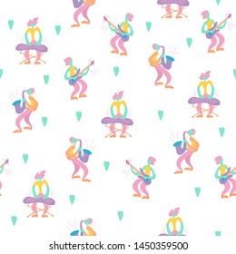 Vector flat seamless pattern with doodle musicians. Endless print with hand drawn  music band plays their instruments. Bright color trendy design for print, textile, postcard, music festivals, musical