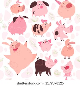 Vector flat seamless pattern with floral elements and funny pig icharacters design isolated on white background. Perfect for cards, packaging paper, decoration, nursery, children prints etc.