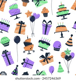 Vector flat seamless pattern with gift boxes, cakes, balloons and cupcakes