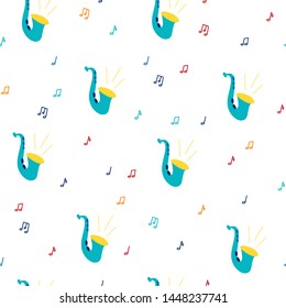 Vector flat seamless pattern with guitars. Bright color trendy design for print, textile, postcard, advertising, music festivals, musical groups