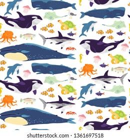 Vector flat seamless pattern with hand drawn marine animals, fish,amphibia isolated on white background. Good for packaging paper, cards, wallpapers, gift tags, nursery decor etc.