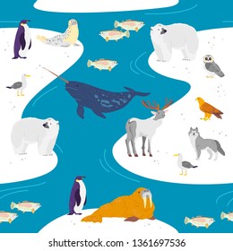 Vector flat seamless pattern with hand drawn north animals, fish, birds, water isolated on winter landscape. Good for packaging paper, cards, wallpapers, gift tags, nursery decor etc.