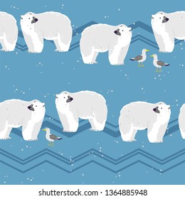 Vector flat seamless pattern with hand drawn north polar bear animals, snow, seagull, mountains on winter landscape. Good for packaging paper, cards, wallpapers, gift tags, nursery decor etc.