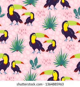 Vector flat seamless pattern with hand drawn exotic tropical toucan birds and floral wild nature elements isolated on pink background. Good for packaging paper, cards, wallpapers, gift tags, decor etc