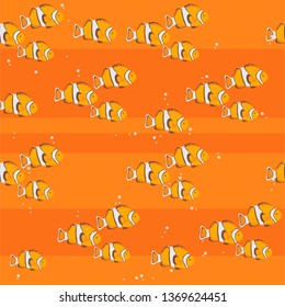 Vector flat seamless pattern with hand drawn clown fish, water isolated on orange background. Good for packaging paper, cards, wallpapers, gift tags, nursery decor etc.