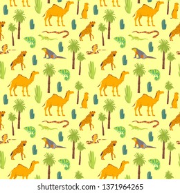 Vector flat seamless pattern with hand drawn desert animals, reptiles, cactus, palm trees isolated on yellow background. Good for packaging paper, cards, wallpapers, gift tags, nursery decor etc.