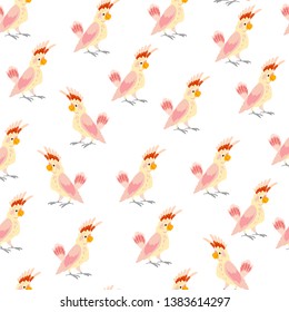 Vector flat seamless pattern with hand drawn tropical parrot birds isolated on white background. Good for packaging paper, cards, wallpapers, gift tags, nursery decor etc.