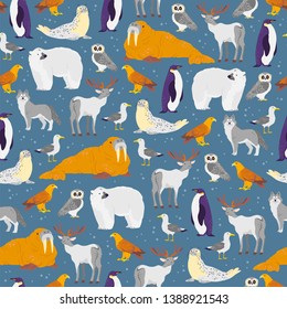 Vector flat seamless pattern with hand drawn north animals, fish, birds isolated on blue background. Polar bear, owl, arctic fox. For packaging paper, cards, wallpapers, gift tags, nursery decor etc.