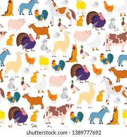 Vector flat seamless pattern with hand drawn farm domestic animals isolated on white background. Horse, cow, rooster, pig. Good for packaging paper, cards, wallpapers, gift tags, nursery decor etc.