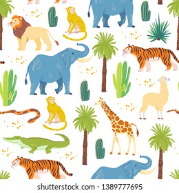 Vector flat seamless pattern with hand drawn desert animals, reptiles, palm trees, cactus isolated on white background. Good for packaging paper, cards, wallpapers, gift tags, nursery decor etc.