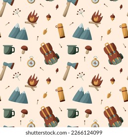 Vector flat seamless pattern hand drawn illustration camp hiking equipment tourist camping