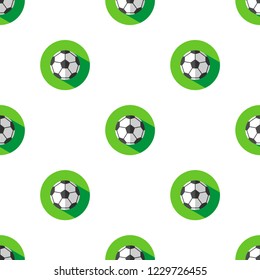 Vector flat seamless pattern with icons of soccer footbal ball on green playing field. Pictogram