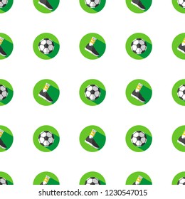 Vector flat seamless pattern with icons of soccer football balls and boots on green playing field