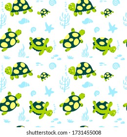 Vector flat seamless pattern illustration graphic green silhouette of turtle with seaweed, starfish isolated on white background. Design for wrapping wallpaper, textile, texture. World turtle day