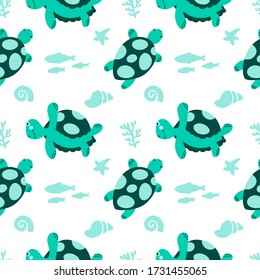 Vector flat seamless pattern illustration graphic colorfull silhouette of turtle with seaweed, starfish isolated on white background.Design for wrapping wallpaper, textile, texture. World turtle day