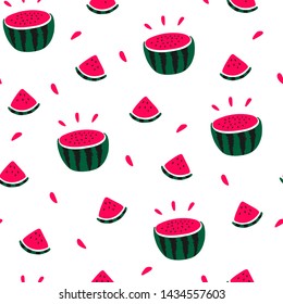 Vector flat seamless pattern with juicy watermelon. Endless print with hand drawn watermelon on white background. Summer design for print, textile, postcard, advertising, children's design