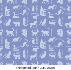 Vector flat seamless pattern with many animals icons and captions of them. Bear, otter, ostrich, snake, crocodile, goat, horse, eagle, turtle, fox, manul cat, capybara