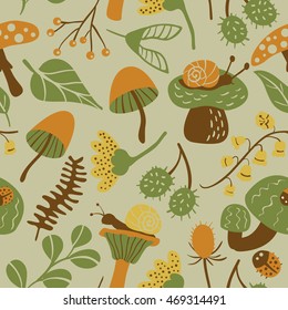 Vector flat seamless pattern with mushroom, ladybird, snail, flower and leaf. Nature colorful background with childish characters and plants.