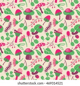 Vector flat seamless pattern with mushroom, ladybird, snail, flower and leaf. Nature colorful background with childish characters and plants.