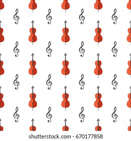 Vector flat seamless pattern for musical theme. Illustration of cello and treble clef on white background.Elements for design, greeting card, poster, paper, wallpaper. Red, orange, brown, black colors